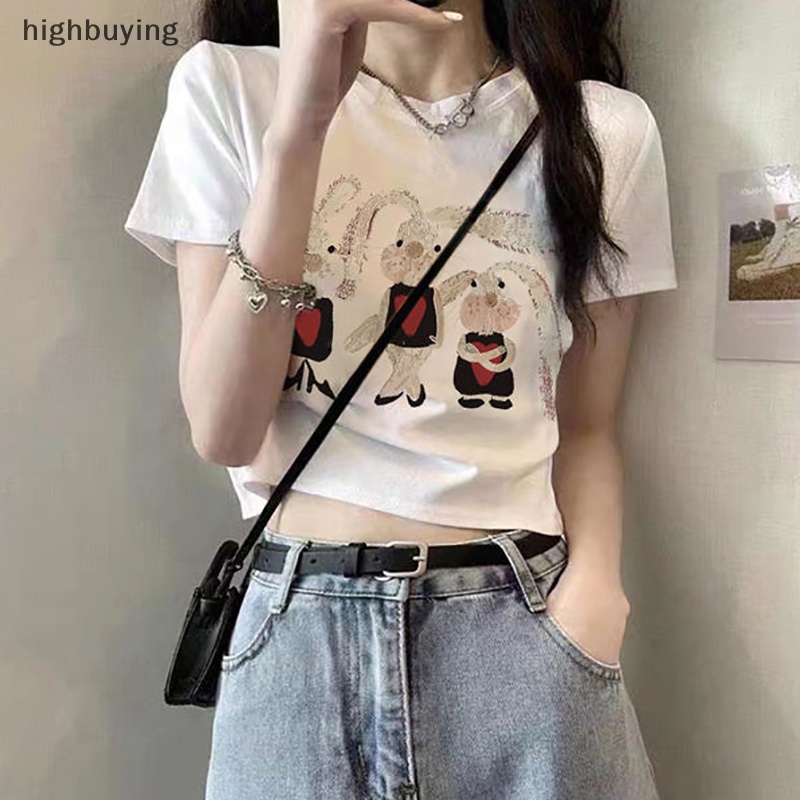Áo Thun Lửng Ngắn Tay Cổ Tròn In Hình Thỏ Hoạt Hình Phong Cách Retro Mỹ Cho Nữ