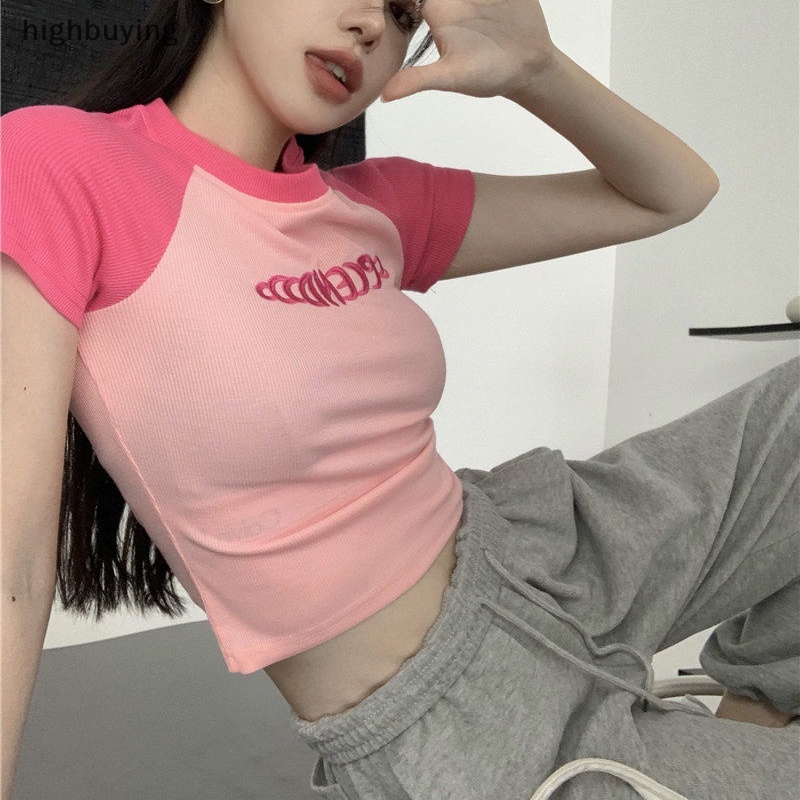 Áo Thun Lửng Ngắn Tay Thêu Chữ Cá Tính Cho Nữ