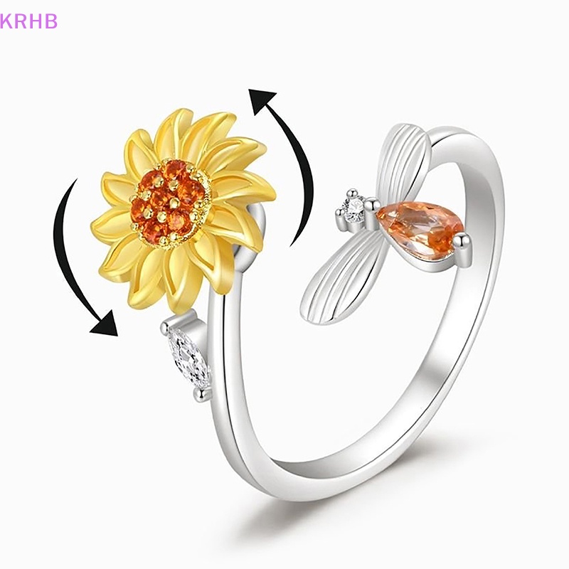 Nhẫn Đồng Đính Đá Zircon Hình Hoa Hướng Dương / Ong Xoay Điều Chỉnh Được Giúp Giảm Căng Thẳng Cho Nữ Mới