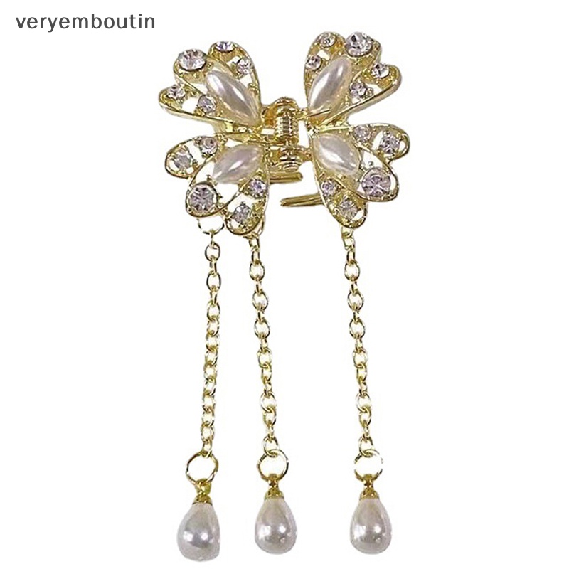 Kẹp Tóc Hình Bướm Đính Đá Ngọc Trai Phối Dây Tua Rua Thời Trang Cho Nữ