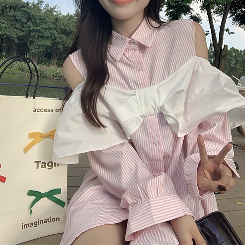 Áo Sơ Mi PJY Tay Dài Cổ Bẻ Hở Vai Họa Tiết Kẻ Sọc Phối Nơ Thời Trang