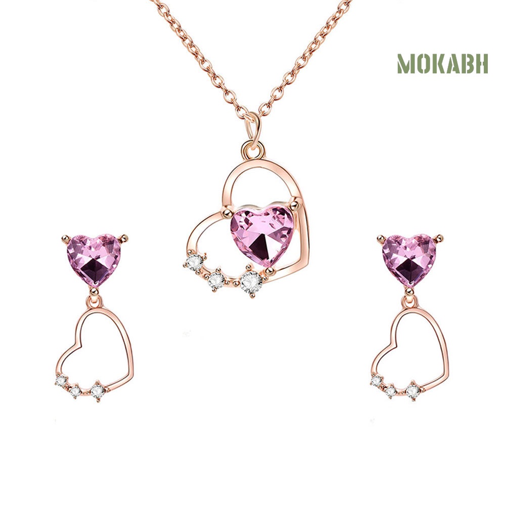 Bộ Vòng cổ + Bông Tai Hình Trái Tim Rỗng Đính Đá Cho Nữ