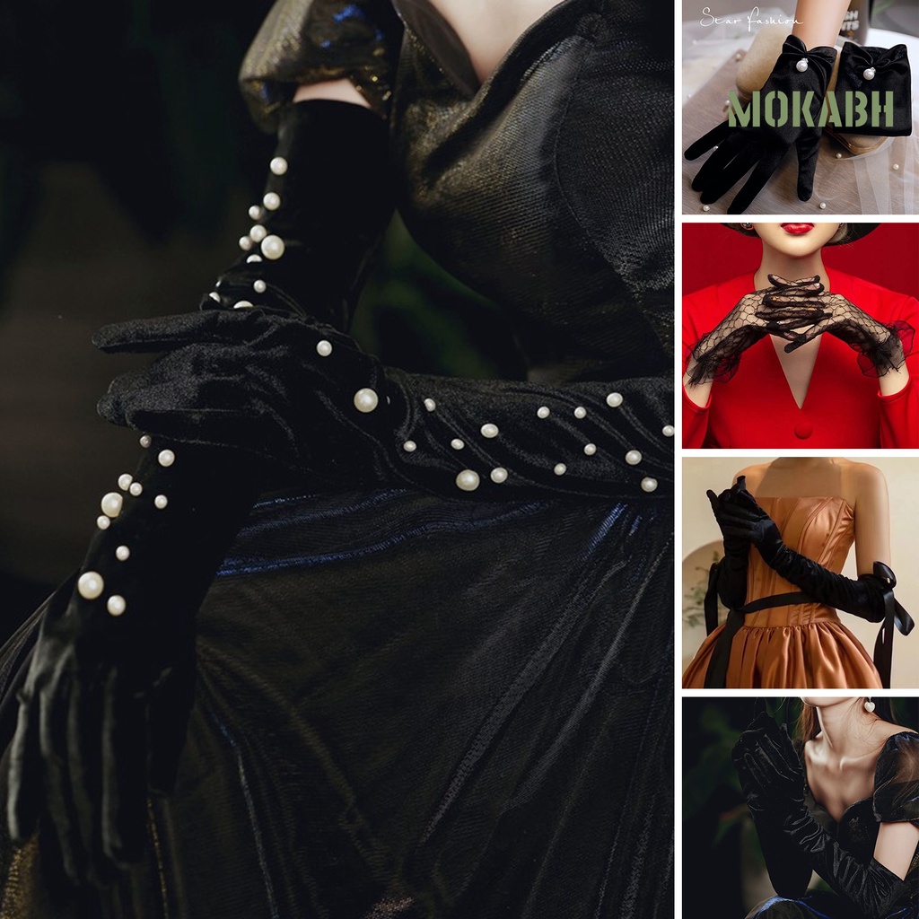 1 Đôi Găng Tay Ren / Ngọc Trai / Ruy Băng Mỏng Co Giãn Màu Trơn Thời Trang Dành Cho Nữ