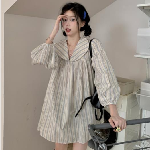 Đầm Sơ Mi Nữ Dài Tay Cổ Bẻ Form Rộng Họa Tiết Kẻ Sọc Đơn Giản Thời Trang