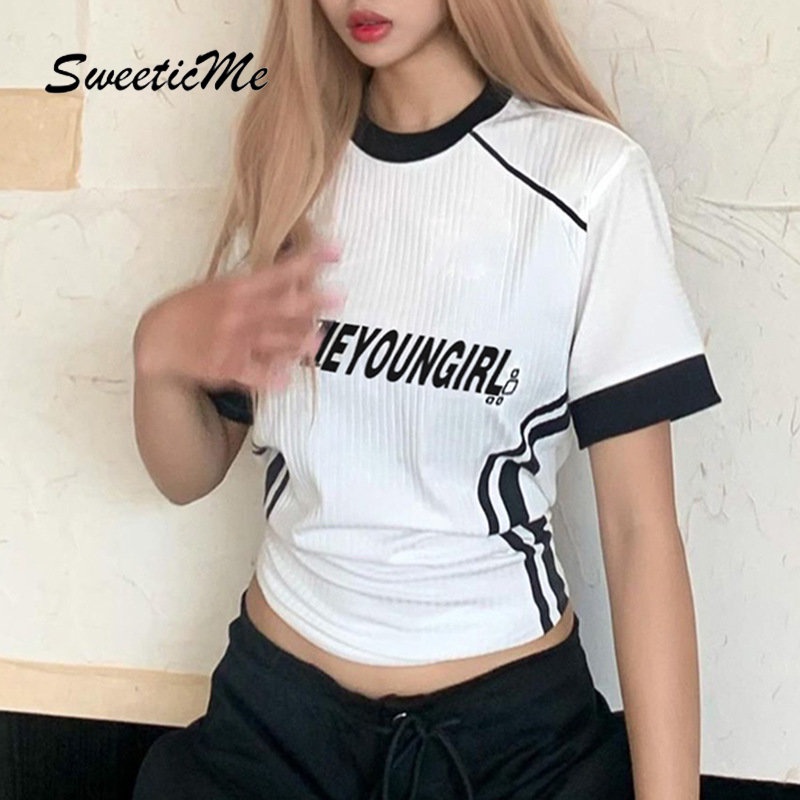 Áo Thun Thể Thao Cổ Tròn In Chữ Phối Màu Tương Phản Thời Trang 2023 Cho Nữ