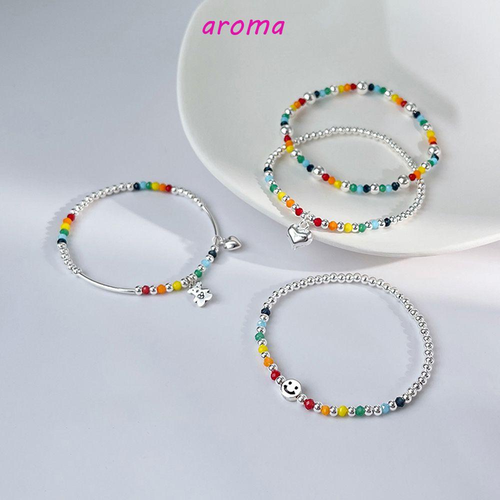 Vòng Tay Chuỗi Hạt Màu Cầu Vồng Họa Tiết Hoạt Hình Trái Tim Dễ Thương Cho Bạn Gái