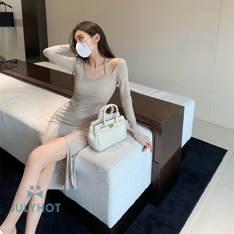 Mát mẻ dây ren-up rắn màu đen dài tay áo ăn mặc của phụ nữ sild Slit Slim Midi Dress VN