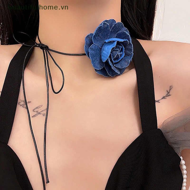 [beautifulhome] Vòng Cổ Choker Vải Jean Thắt Nút Hình Hoa Hồng Lớn Thanh Lịch Có Thể Điều Chỉnh Làm Quà Tặng Trang Sức [beauty
