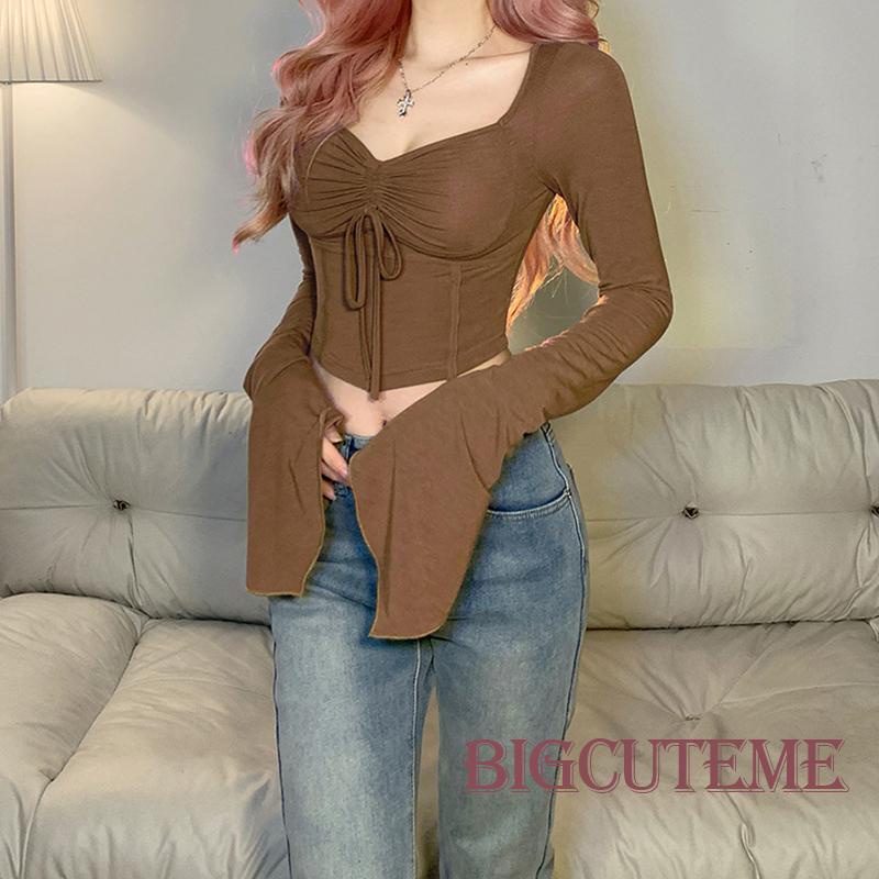 []] Áo Thun Crop Top Dây Rút Tay Chuông Dài Màu Trơn Ôm Dáng Vừa Vặn Cho Nữ