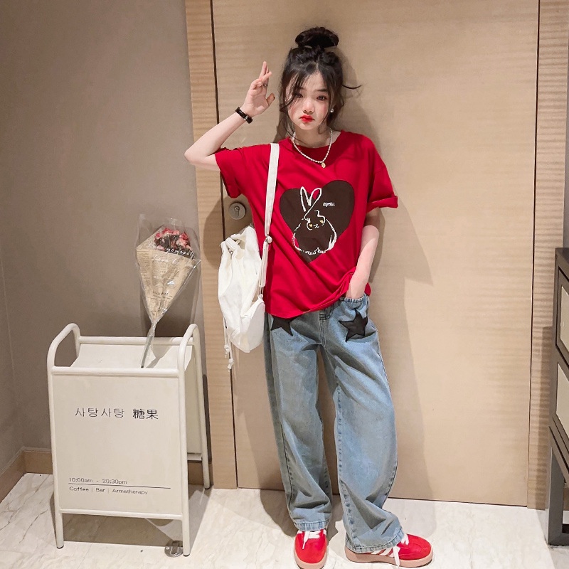 ✨Bộ Áo Thun cotton Ngắn Tay In Họa Tiết + Quần Jean Xinh Xắn Theo Phong Cách Mùa Hè Dành Cho Bé Gái 3-15 Tuổi