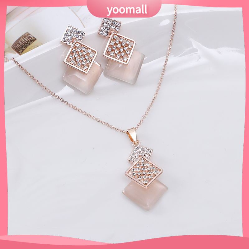 Bộ Vòng cổ + Bông Tai Đính Đá Opal Hình Vuông Rỗng Thời Trang
