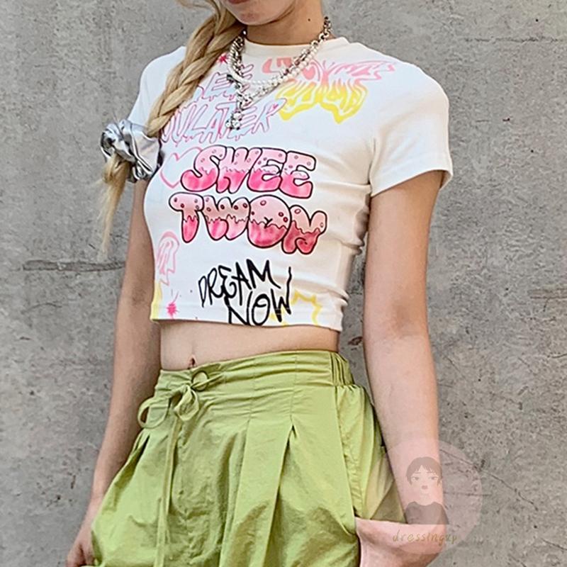 Áo Thun Croptop Tay Ngắn Dáng Ôm In Họa Tiết Hoạt Hình Và Chữ Cá Tính Cho Nữ