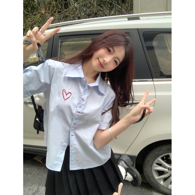 Áo Sơ Mi Tay Ngắn Cổ Polo Thêu Hình Trái Tim Thời Trang Mùa Hè Hàn Quốc Mới Dành Cho Bạn