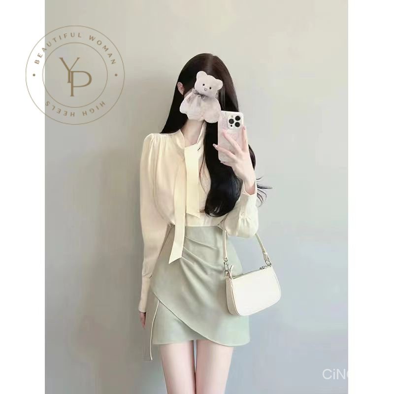 Bộ Áo Sơ Mi + Chân Váy Lưng Cao Phong Cách Pháp Thời Trang Mùa Xuân 2023 Mới Cho Nữ