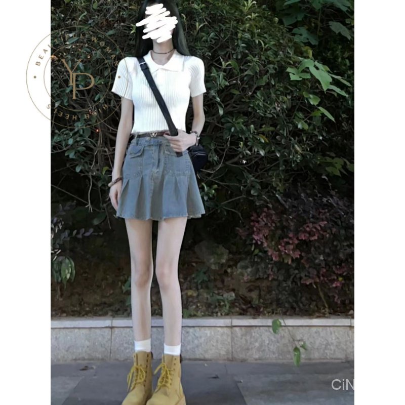 Set Áo Và Chân Váy Denim Phong Cách Hong Kong Ngọt Ngào Cho Nữ