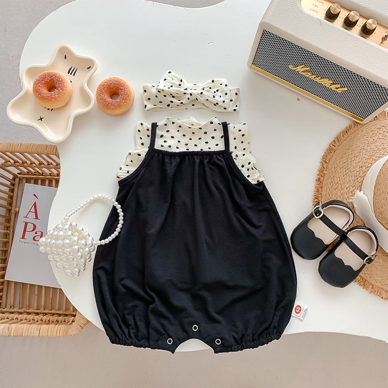 Set Đồ Mùa Hè 3 Món Gồm Áo Sơ Mi Chấm Bi + Băng Đô + Áo Liền Quần Hai Dây Cho Bé Trai /