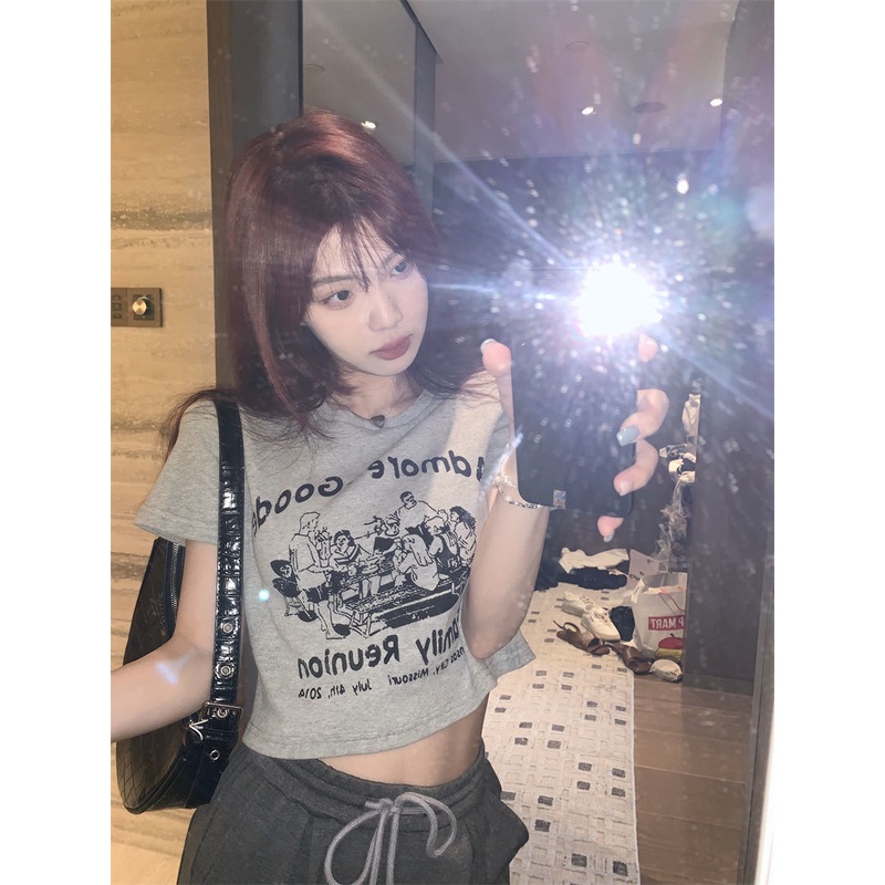 Áo Thun Crop Top Nữ Ngắn Tay In Họa Tiết Phong Cách Retro Mỹ Mùa Hè Mới