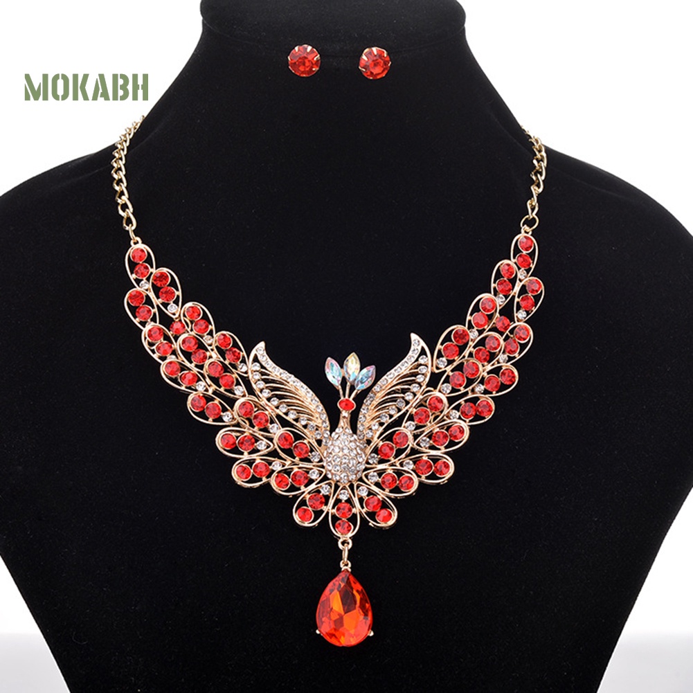 [Mok Abh] Bộ Vòng cổ + Bông Tai Hình Con Công Đính Kim Cương Giả Theo Phong Cách Retro