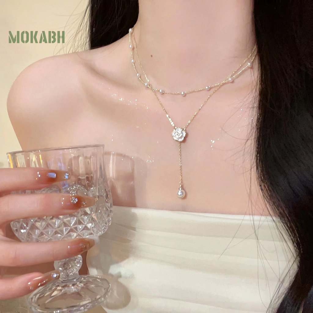 [Mok] Vòng cổ Hai Lớp Mạ Điện Mặt Hình Bông Hoa Đính Ngọc Trai Nhân Tạo Có Thể Điều Chỉnh Kích Thước