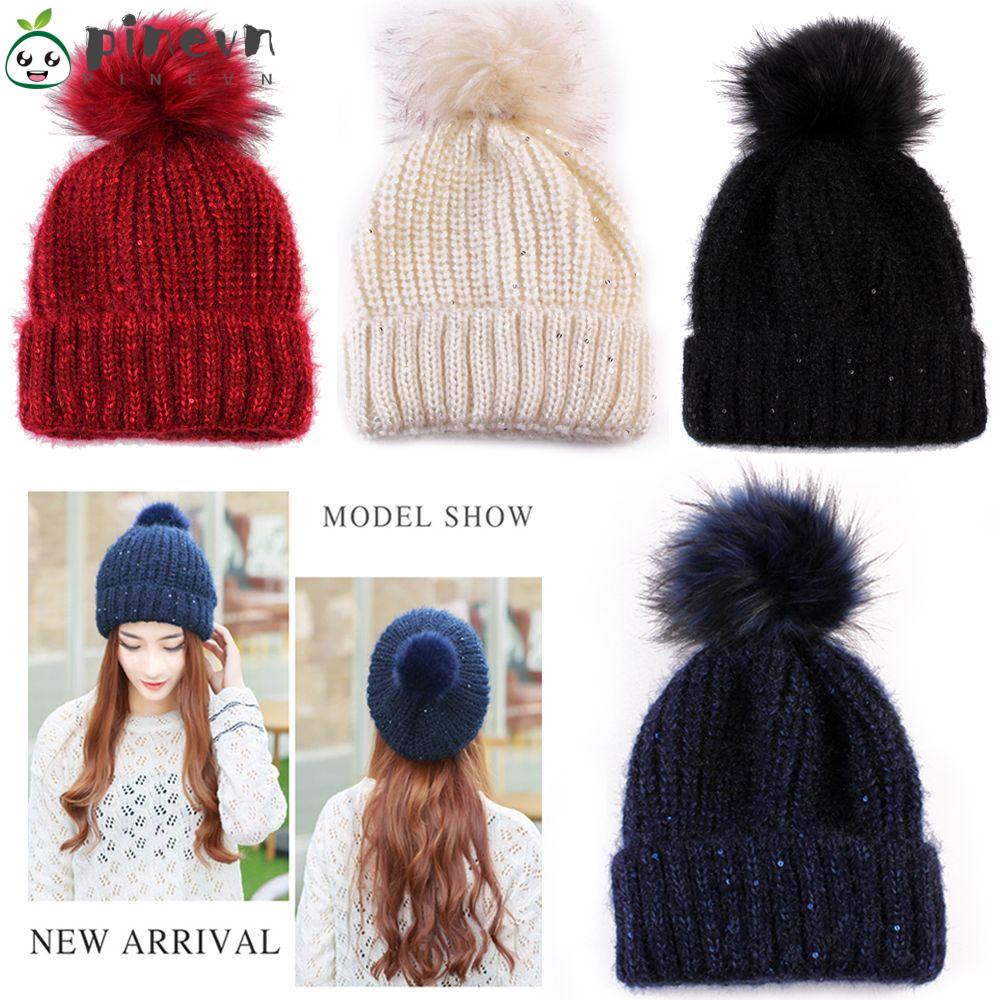 PINEVN Mũ Len Dệt Kim Đính Viên Bông Giữ Ấm Mùa Đông Mới