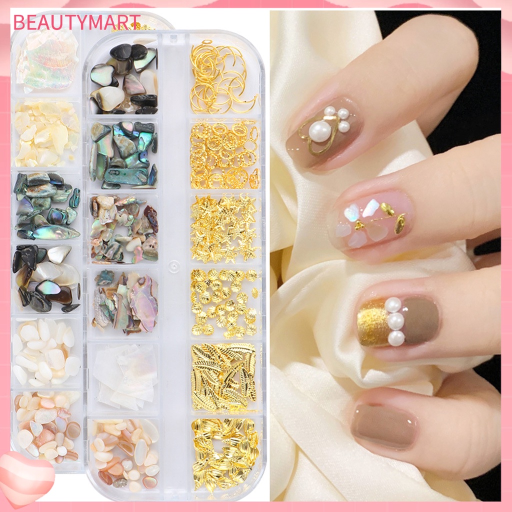 Hộp 12 Ngăn Đựng Đá Đính Móng Tay Kim Loại Hình Vỏ Sò Đa Năng Cho Nữ