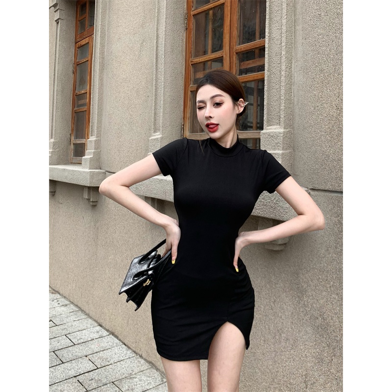 Đầm Tay Ngắn Cổ Tròn Màu Sắc Đơn Giản Phong Cách Âu Mỹ Cá Tính Cho Nữ