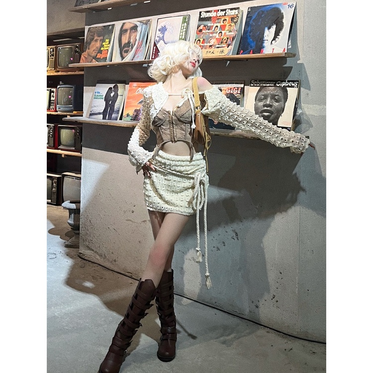 Bộ Áo Cardigan Thiết Kế Rỗng Phối Chân Váy Dây Rút Thời Trang Xinh Xắn Cho Nữ Y2K