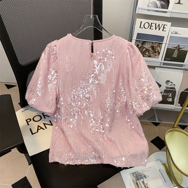 Áo Tay Ngắn Đính Kim Sa Lấp Lánh Phong Cách Phương Tây Thời Trang Mùa Hè Mới Cho Nữ