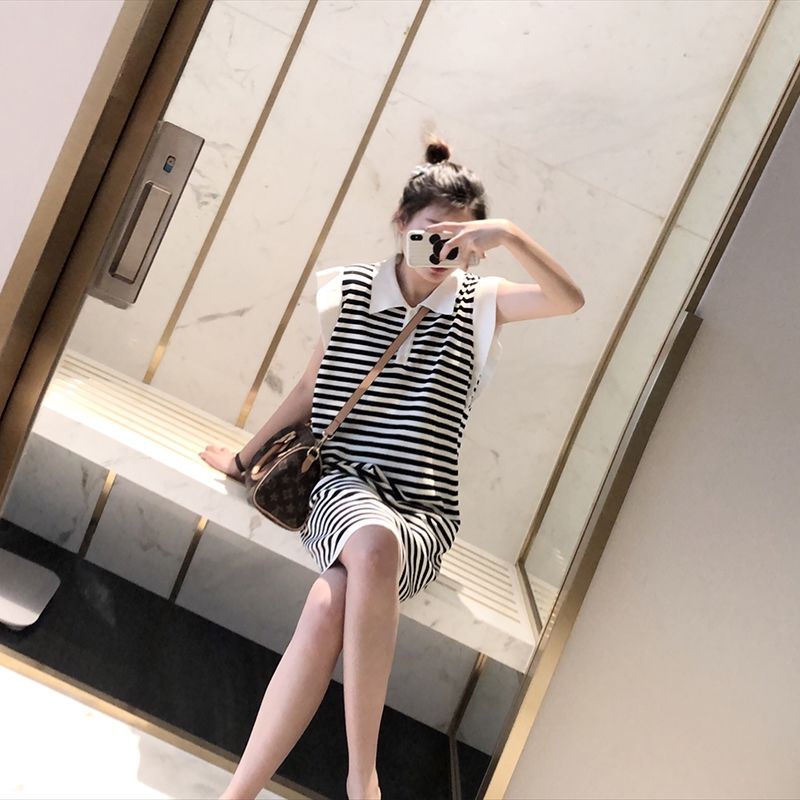 Đầm Dệt Kim Lụa Lạnh Cổ polo Dáng Rộng Kẻ Sọc Trắng Đen Kiểu Hàn Quốc Xinh Xắn Cho Nữ