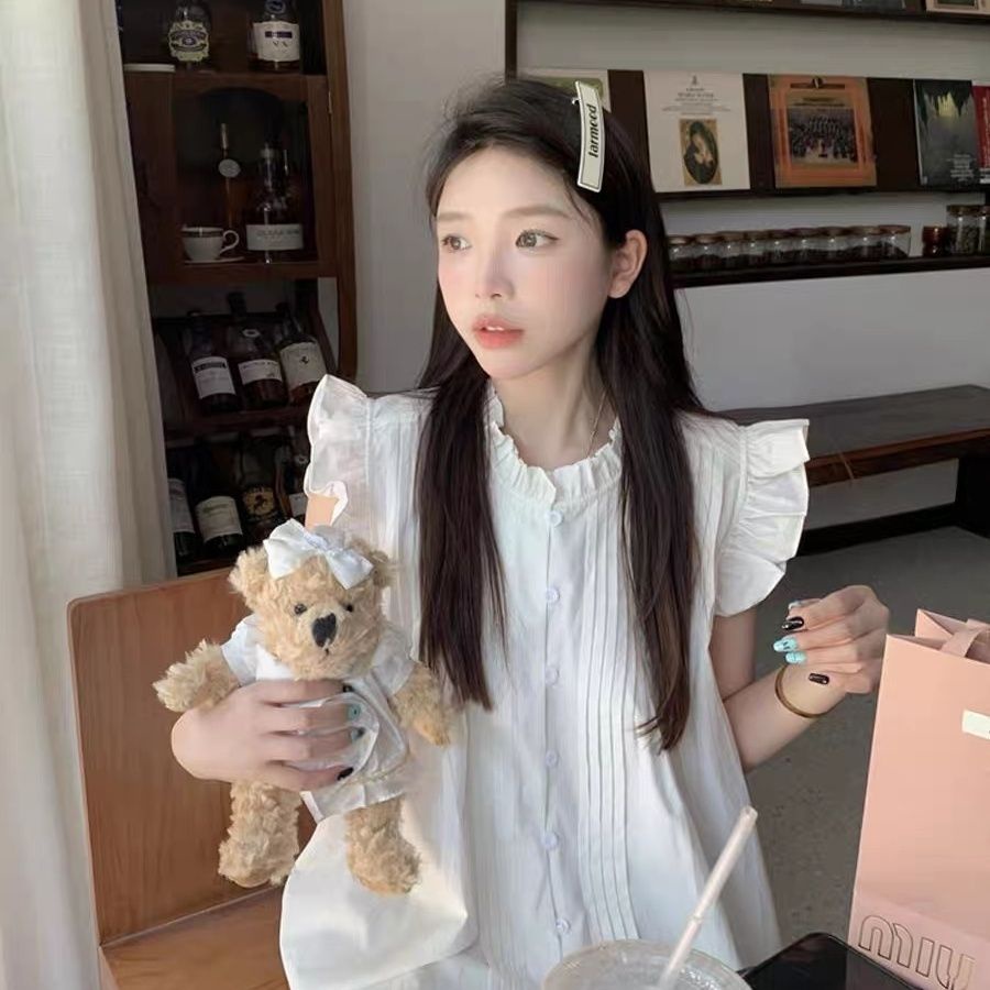 Áo Kiểu Không Tay Nhún Bèo Họa Tiết Sọc Caro Ngọt Ngào Phong Cách Retro Pháp