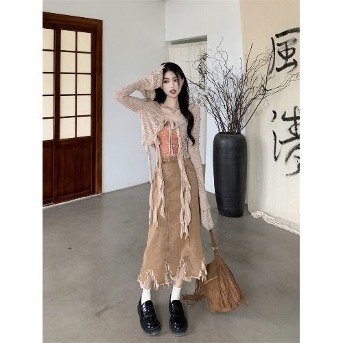 Bộ Áo Sơ Mi Chống Nắng Hai Dây Phối Chân Váy Denim Y2K In Hoa Kiểu Retro Thời Trang Mùa Hè 2023 Cho Bạn Gái