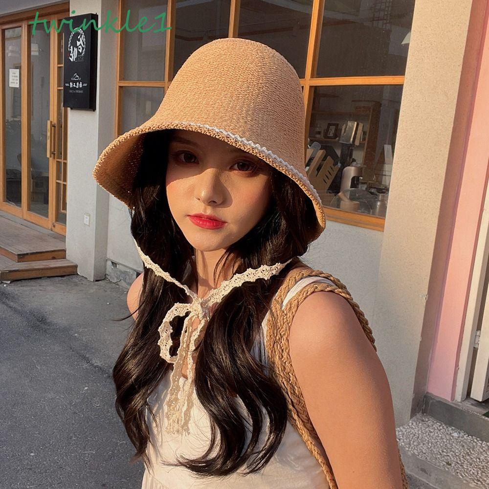 Mũ Tai Bèo Dệt Kim Chống Nắng Phối Dây Cột Lấp Lánh Thời Trang Thường Ngày Cho Nữ