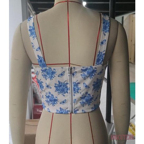 Áo Tank Top Sát Nách Cổ Vuông In Họa Tiết Hoa Có Khóa Kéo Sau Lưng Cho Nữ
