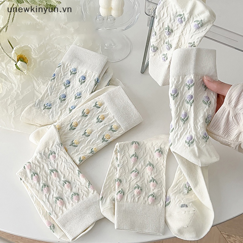 1 Đôi Vớ Cotton Dài In Hình Hoa Tulip Phong Cách Harajuku Nhật Bản Dễ Thương Cho Nữ
