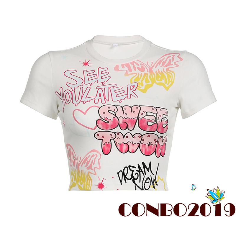 Áo Thun Crop Top Tay Ngắn Cổ Tròn In Họa Tiết Hoạt Hình Thời Trang Xuân Hè Cho Nữ