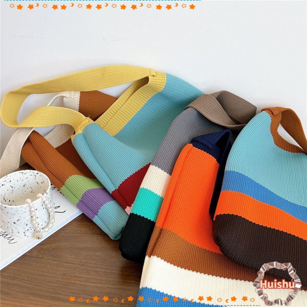 HS Túi Xách Đan Len Họa Tiết Sọc Thời Trang Cho Nữ