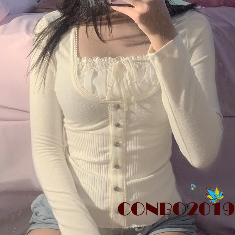 Áo Thun Nữ Dài Tay Cổ Vuông Phối Ren Màu Sắc Nhã Nhặn Thời Trang