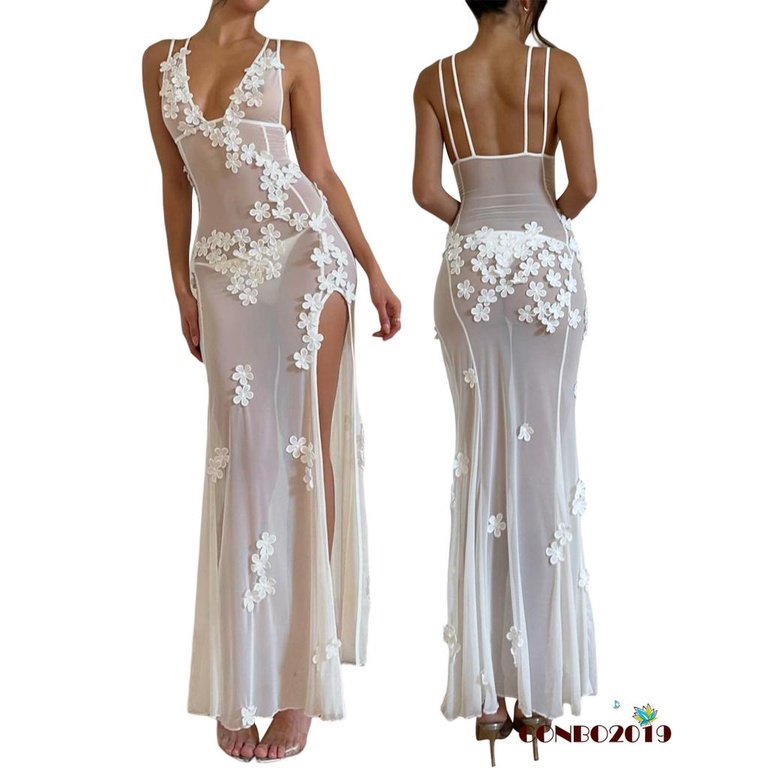 Đầm không tay Cổ Chữ V Phối Lưới Họa Tiết Hoa Thời Trang Đường Phố