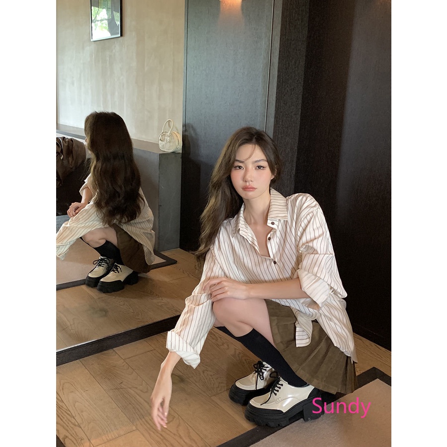 Áo Sơ Mi Dài Tay Hoa Văn Kẻ Sọc Thời Trang Mùa Xuân Hè Hàn Quốc Dành Cho Nữ