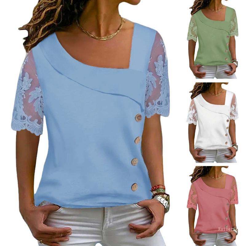 Áo Thun Tay Ngắn Cổ Chữ V Phối Ren Dáng Rộng Thời Trang Mùa Hè Cho Nữ