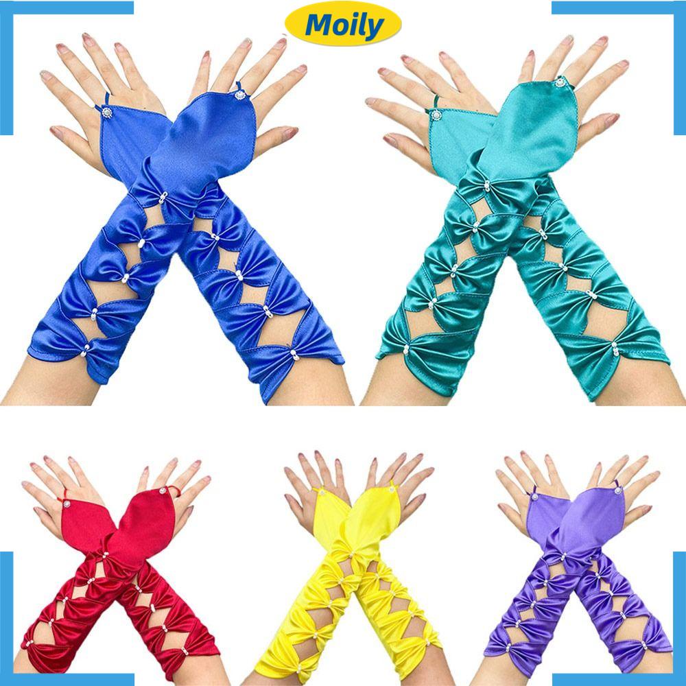 MOILYVN Găng Tay Cô Dâu Vải Satin Co Giãn Xếp Ly Đính Nơ Xinh Xắn