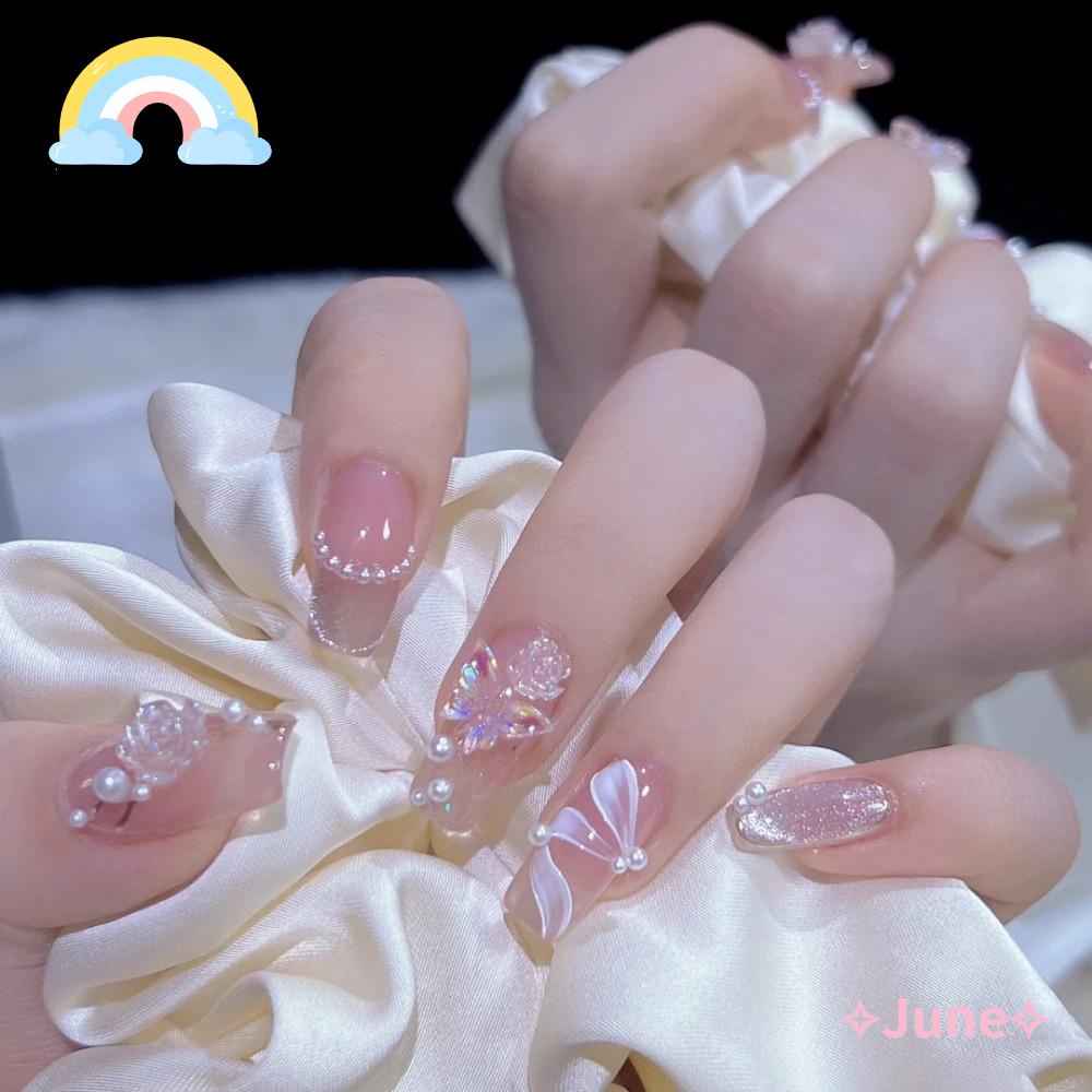 JUNE Bộ 24 Móng Tay Giả Đầu Vuông Dài Che Phủ Toàn Diện Cho Nữ