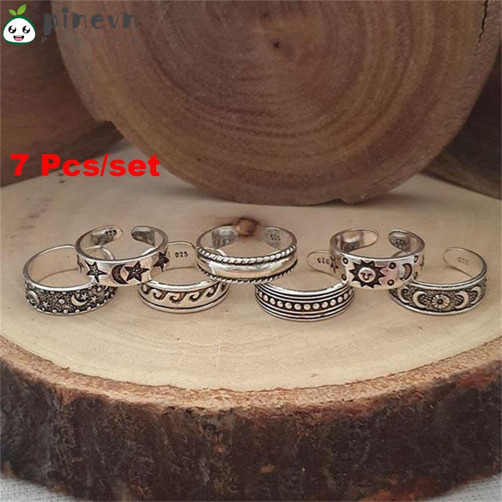 PINEVN Set 7 Nhẫn Đeo Ngón Chân Hình Ngôi Sao, Mặt Trời Gợn Sóng Bohemia