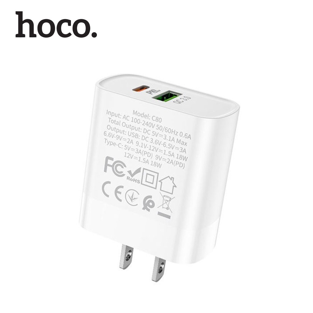 Củ sạc nhanh Hoco C80 plus tích hợp 2 cổng sạc USB và Type-C hỗ trợ sạc nhanh 3.0 và PD20W cho tốc độ cao Linkeetech