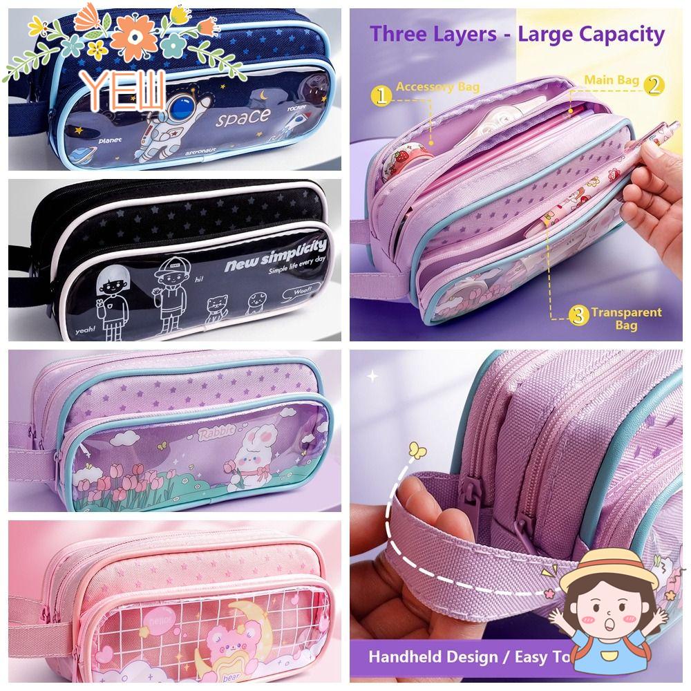 YEW Túi Đựng Bút Chì / Mỹ Phẩm Ba Ngăn Trong Suốt Họa Tiết Hoạt Hình Có Khóa Kéo