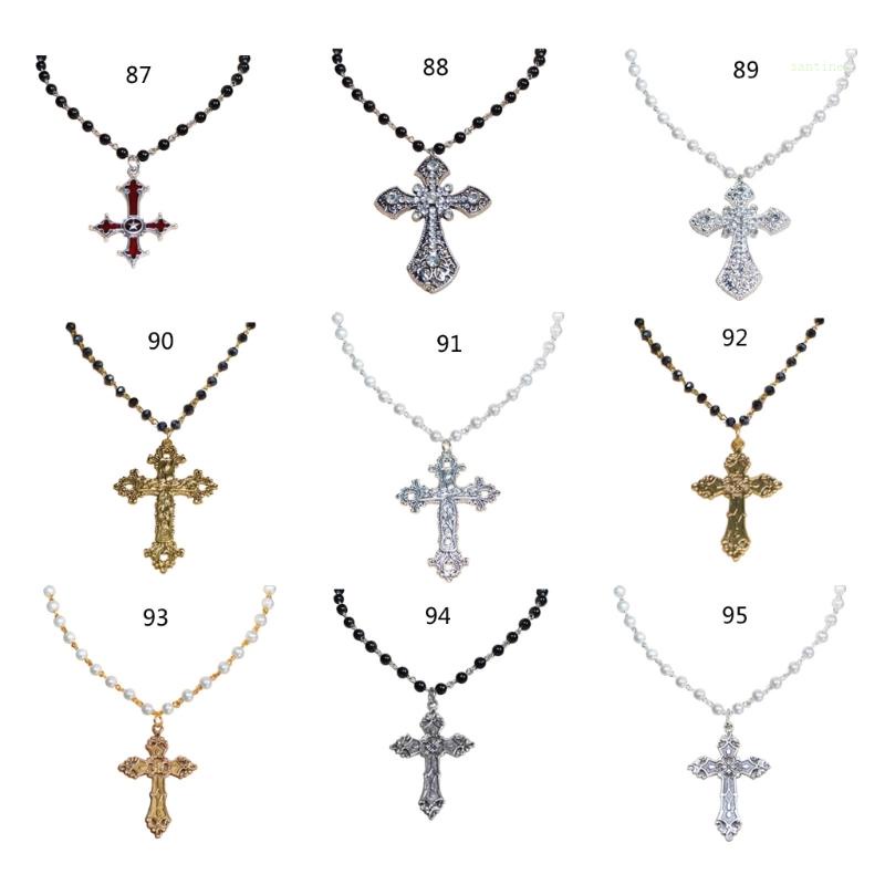 Vòng Cổ Choker Chuỗi Hạt Ngọc Trai Mặt Thánh Giá Phong Cách Gothic