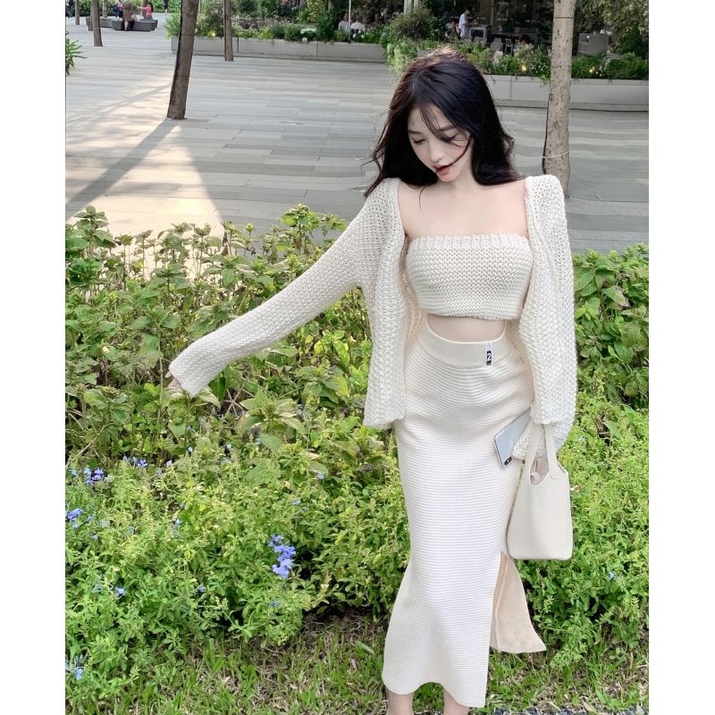 Áo Khoác Cardigan Dệt Kim Mềm Mại Dài Tay Dáng Rộng Phối Chân Váy Xẻ Tà Thời Trang Mùa Thu Cho Nữ