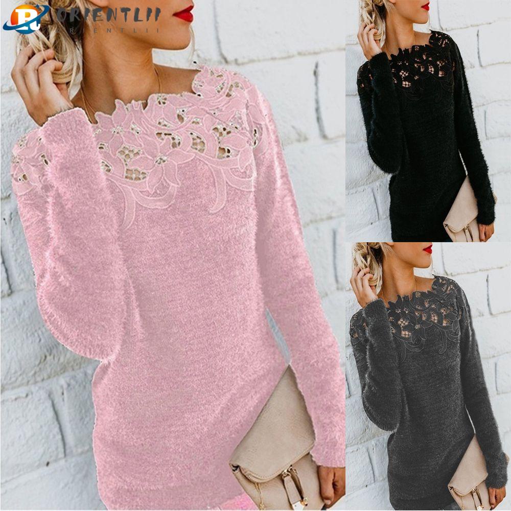 ORIENTLII Áo Thun Tay Dài Phối Ren Thời Trang Dành Cho Nữ