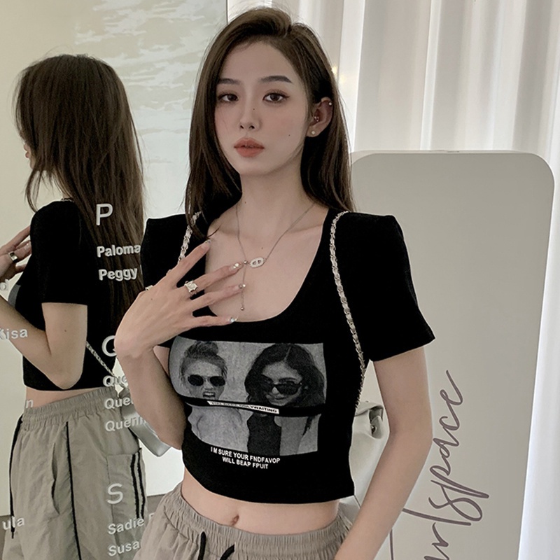 Áo thun nữ croptop JINSHIHUI A29J1KD 36Z230909 thiết kế dáng ôm phong cách thời trang Hàn Quốc 2023 chất lượng cao