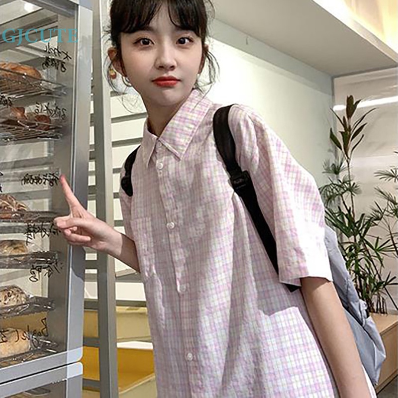 Áo Sơ Mi Ngắn Tay Họa Tiết Caro Ngọt Ngào Thời Trang Mùa Hè Cho Nữ